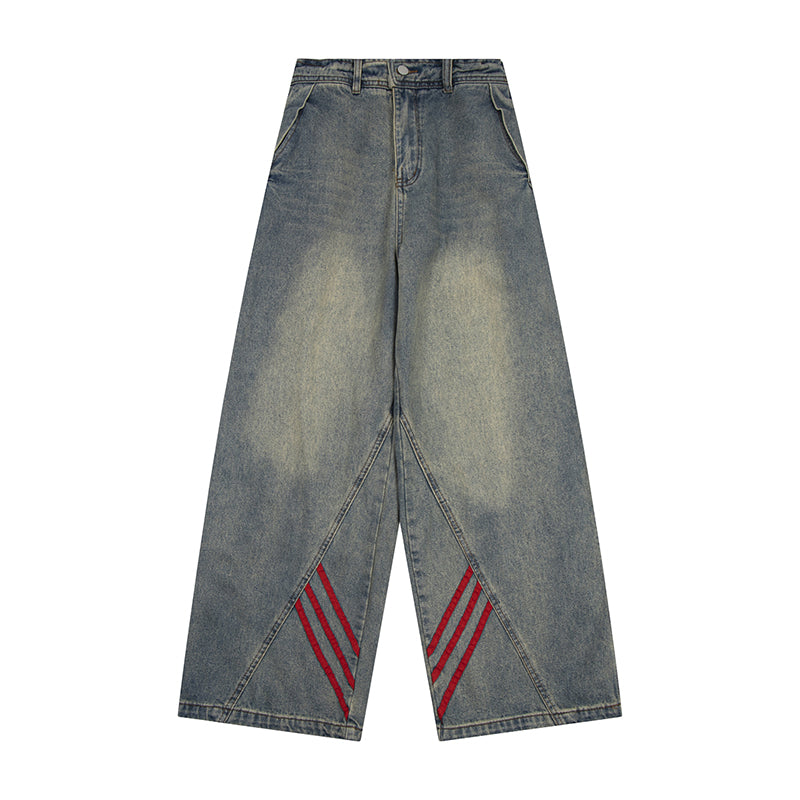 Patchwork Stripe Wide-Leg Workwear Distressed Pants [ID:0165PA]