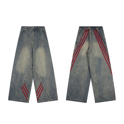 Patchwork Stripe Wide-Leg Workwear Distressed Pants [ID:0165PA]