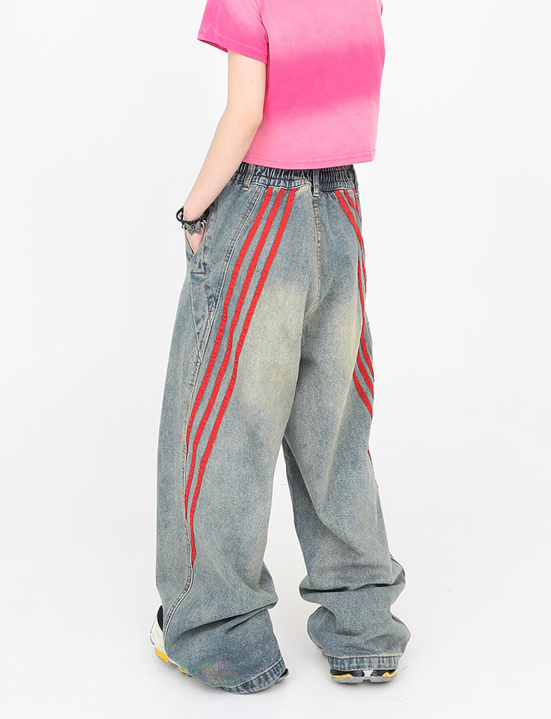 Patchwork Stripe Wide-Leg Workwear Distressed Pants [ID:0165PA]