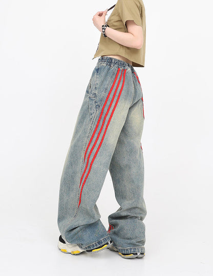 Patchwork Stripe Wide-Leg Workwear Distressed Pants [ID:0165PA]