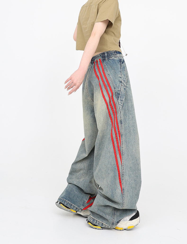 Patchwork Stripe Wide-Leg Workwear Distressed Pants [ID:0165PA]