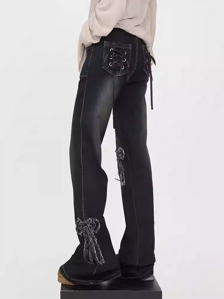 Retro Ribbon Frayed Micro Flare High Waist Jeans [ID:0169PA]