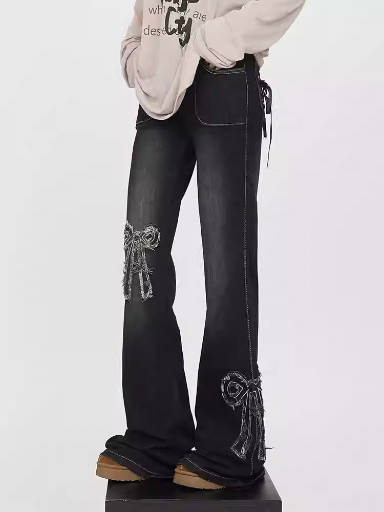 Retro Ribbon Frayed Micro Flare High Waist Jeans [ID:0169PA]