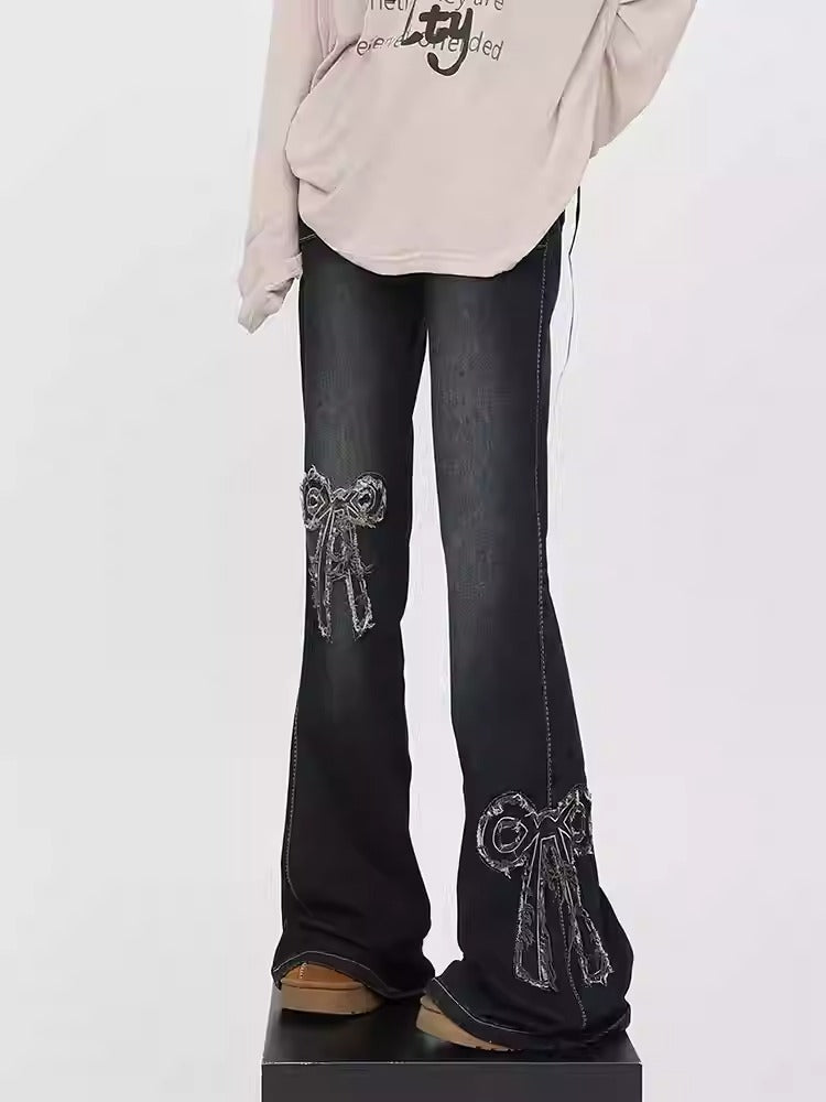 Retro Ribbon Frayed Micro Flare High Waist Jeans [ID:0169PA]