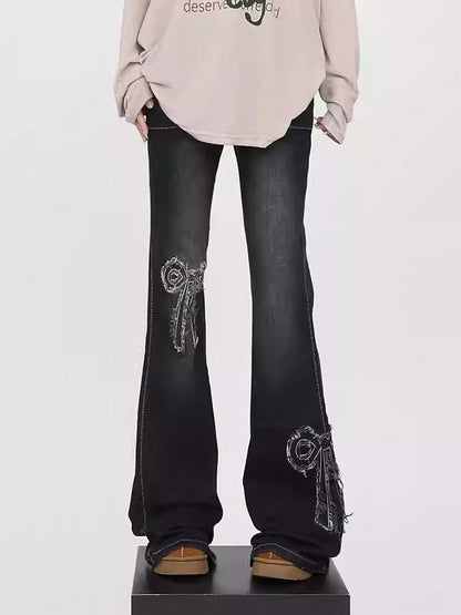 Retro Ribbon Frayed Micro Flare High Waist Jeans [ID:0169PA]