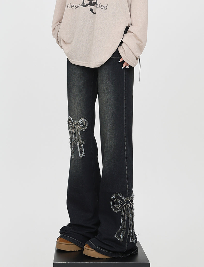 Retro Ribbon Frayed Micro Flare High Waist Jeans [ID:0169PA]