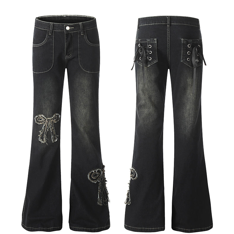 Retro Ribbon Frayed Micro Flare High Waist Jeans [ID:0169PA]