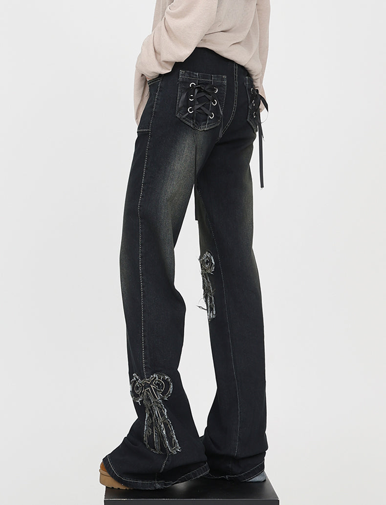 Retro Ribbon Frayed Micro Flare High Waist Jeans [ID:0169PA]