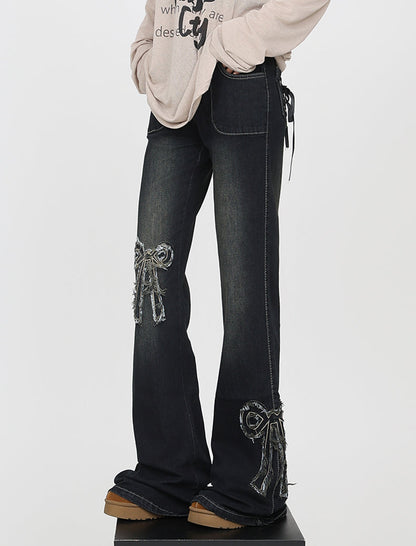 Retro Ribbon Frayed Micro Flare High Waist Jeans [ID:0169PA]