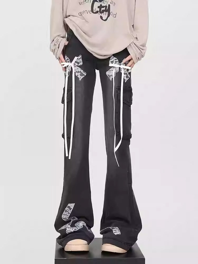 Long Ribbon Multi-Pocket Bootcut Jeans [ID:0172PA]