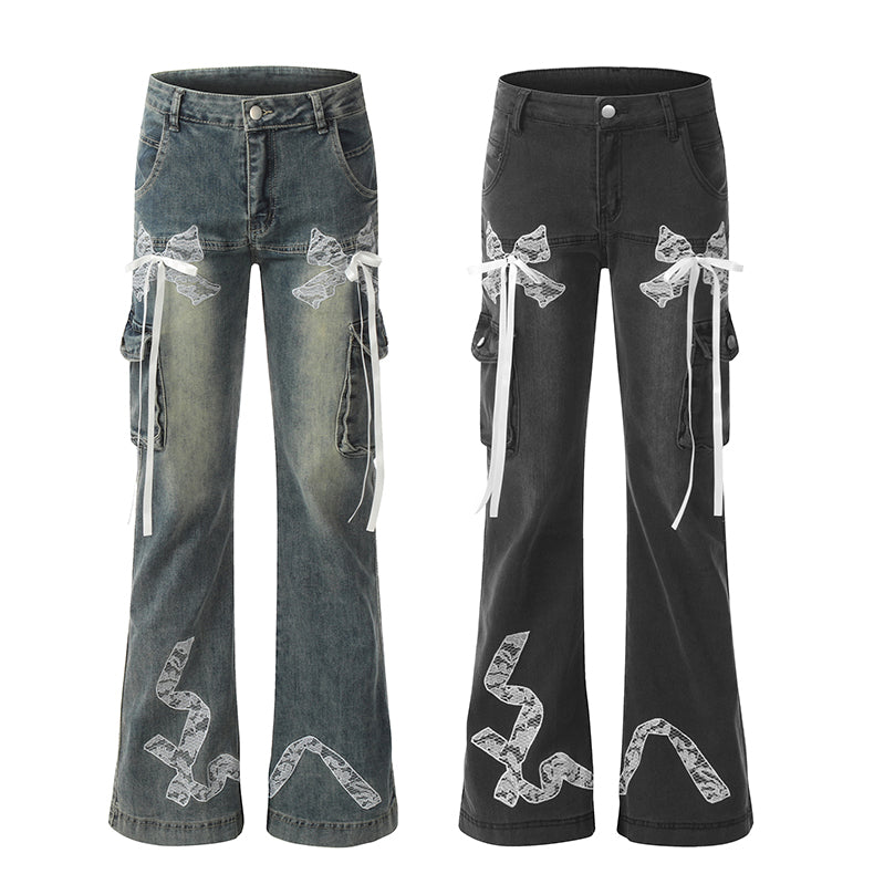 Long Ribbon Multi-Pocket Bootcut Jeans [ID:0172PA]