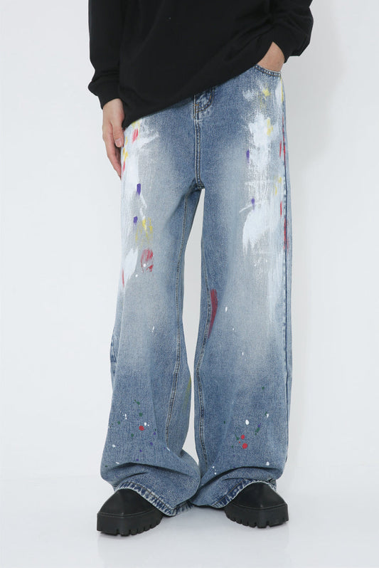 Graffiti Loose Straight Mid-Waist Blue Jeans [ID:0174PA]