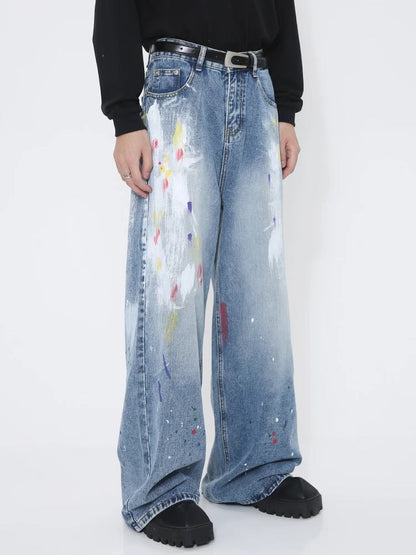 Graffiti Loose Straight Mid-Waist Blue Jeans [ID:0174PA]