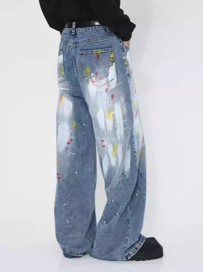 Graffiti Loose Straight Mid-Waist Blue Jeans [ID:0174PA]