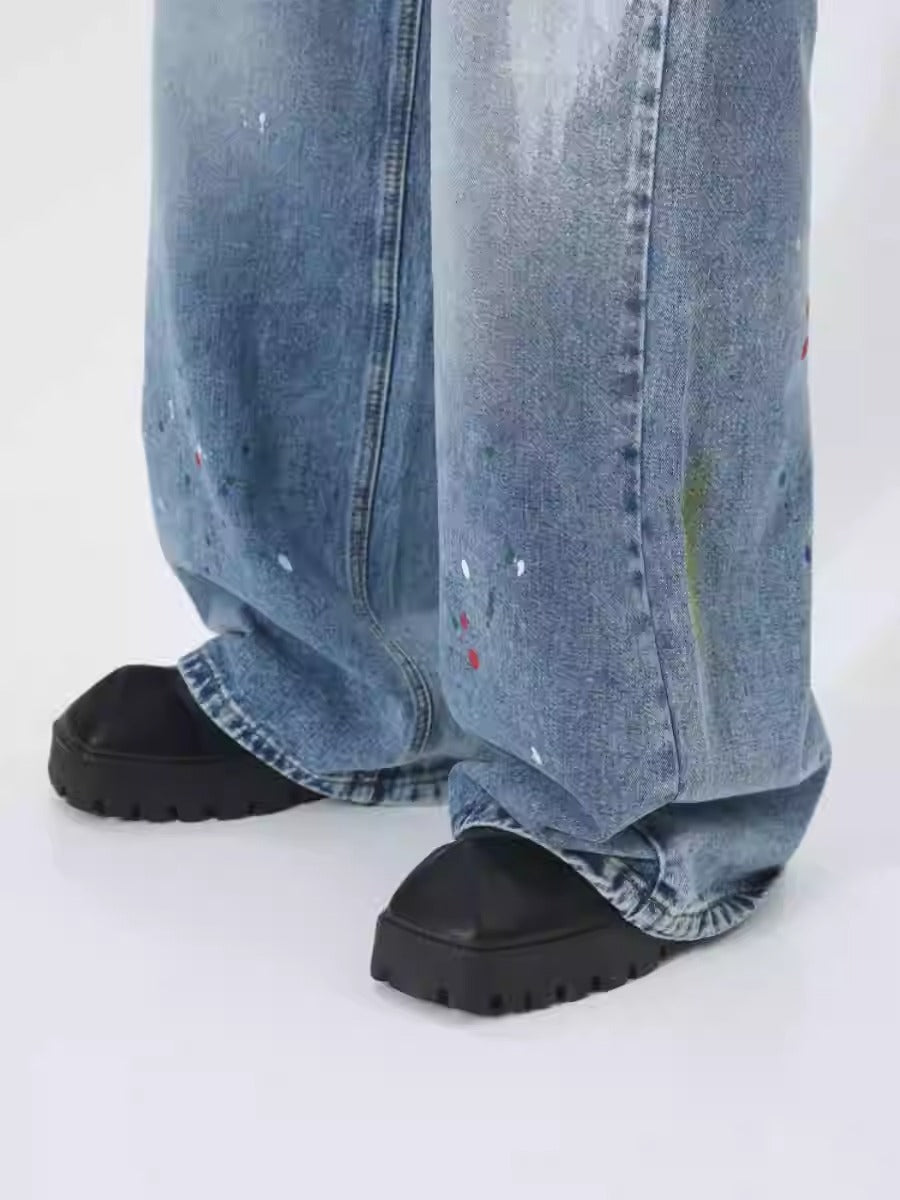 Graffiti Loose Straight Mid-Waist Blue Jeans [ID:0174PA]