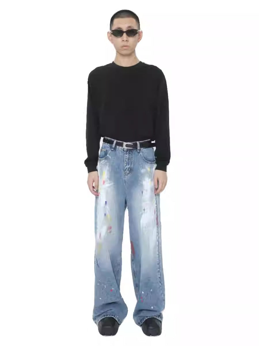 Graffiti Loose Straight Mid-Waist Blue Jeans [ID:0174PA]