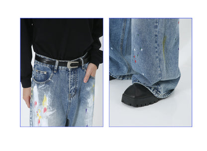 Graffiti Loose Straight Mid-Waist Blue Jeans [ID:0174PA]