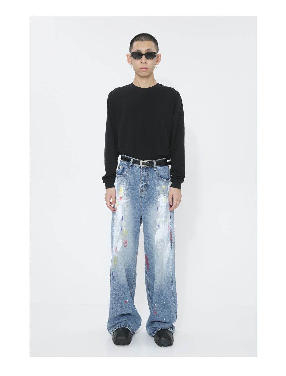 Graffiti Loose Straight Mid-Waist Blue Jeans [ID:0174PA]