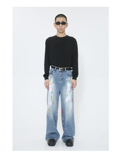 Graffiti Loose Straight Mid-Waist Blue Jeans [ID:0174PA]