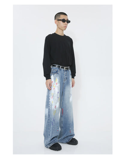 Graffiti Loose Straight Mid-Waist Blue Jeans [ID:0174PA]