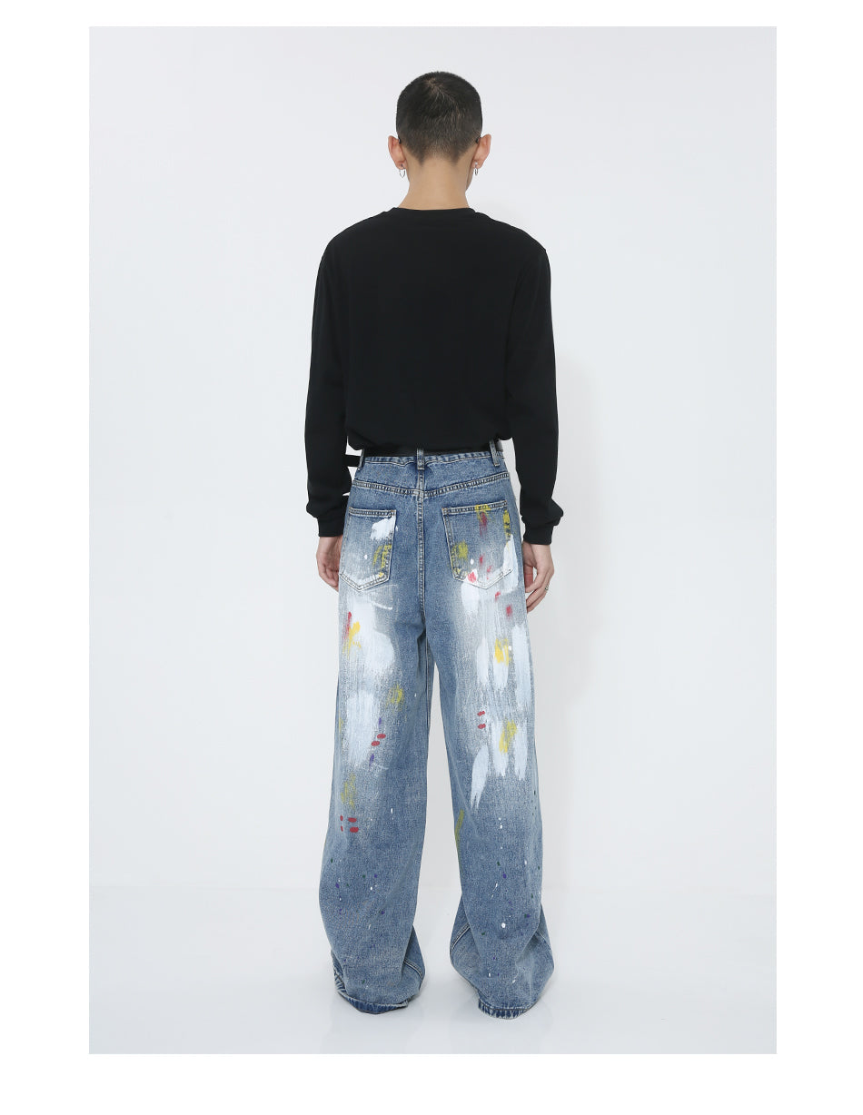 Graffiti Loose Straight Mid-Waist Blue Jeans [ID:0174PA]