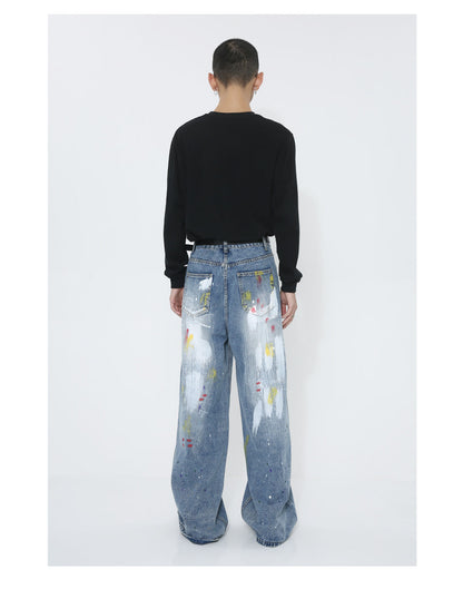 Graffiti Loose Straight Mid-Waist Blue Jeans [ID:0174PA]