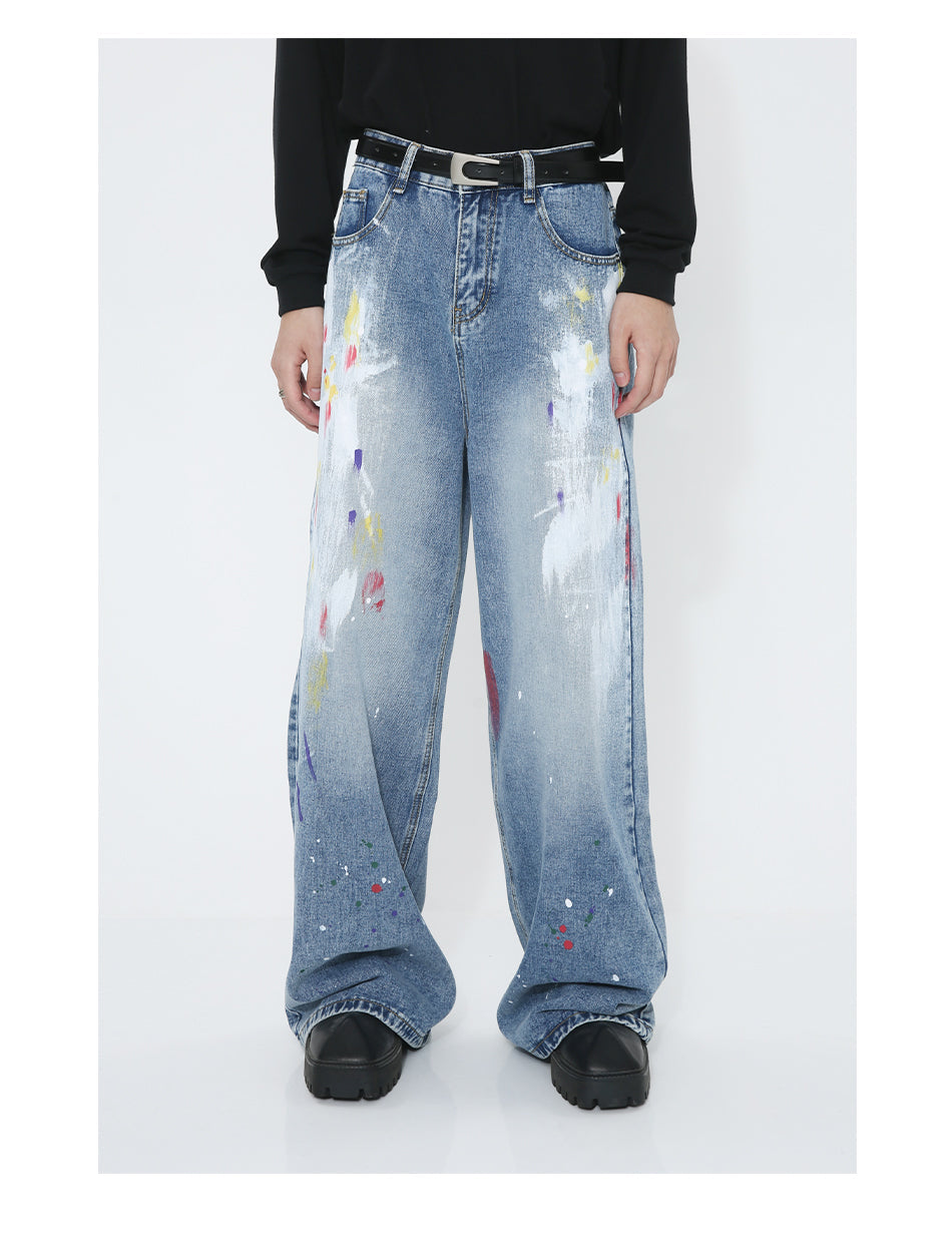 Graffiti Loose Straight Mid-Waist Blue Jeans [ID:0174PA]