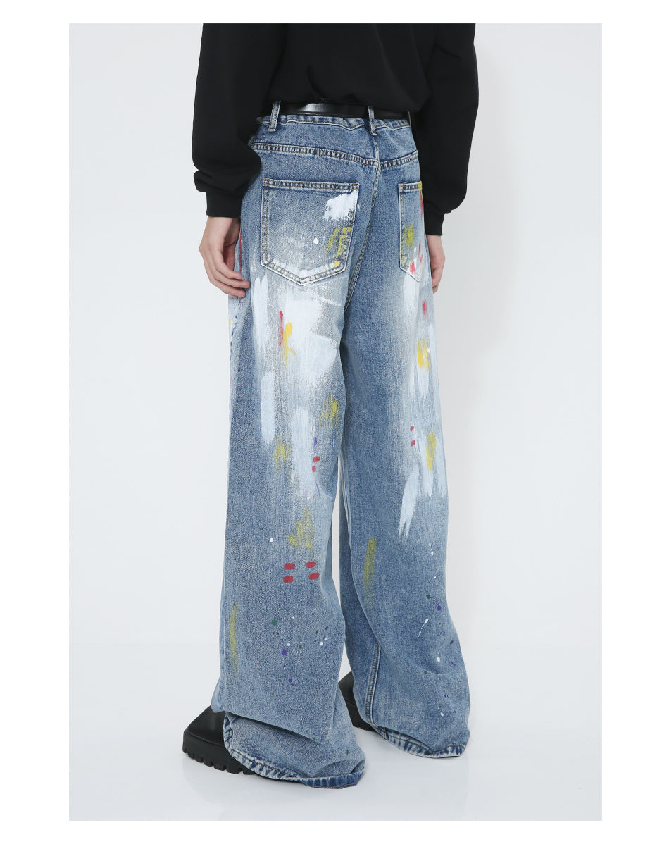 Graffiti Loose Straight Mid-Waist Blue Jeans [ID:0174PA]