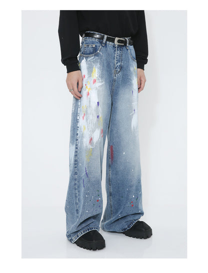 Graffiti Loose Straight Mid-Waist Blue Jeans [ID:0174PA]