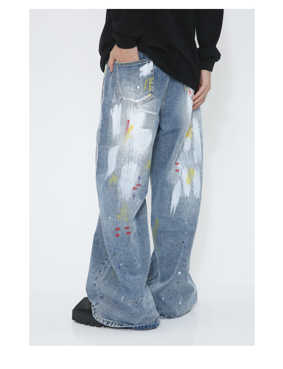 Graffiti Loose Straight Mid-Waist Blue Jeans [ID:0174PA]