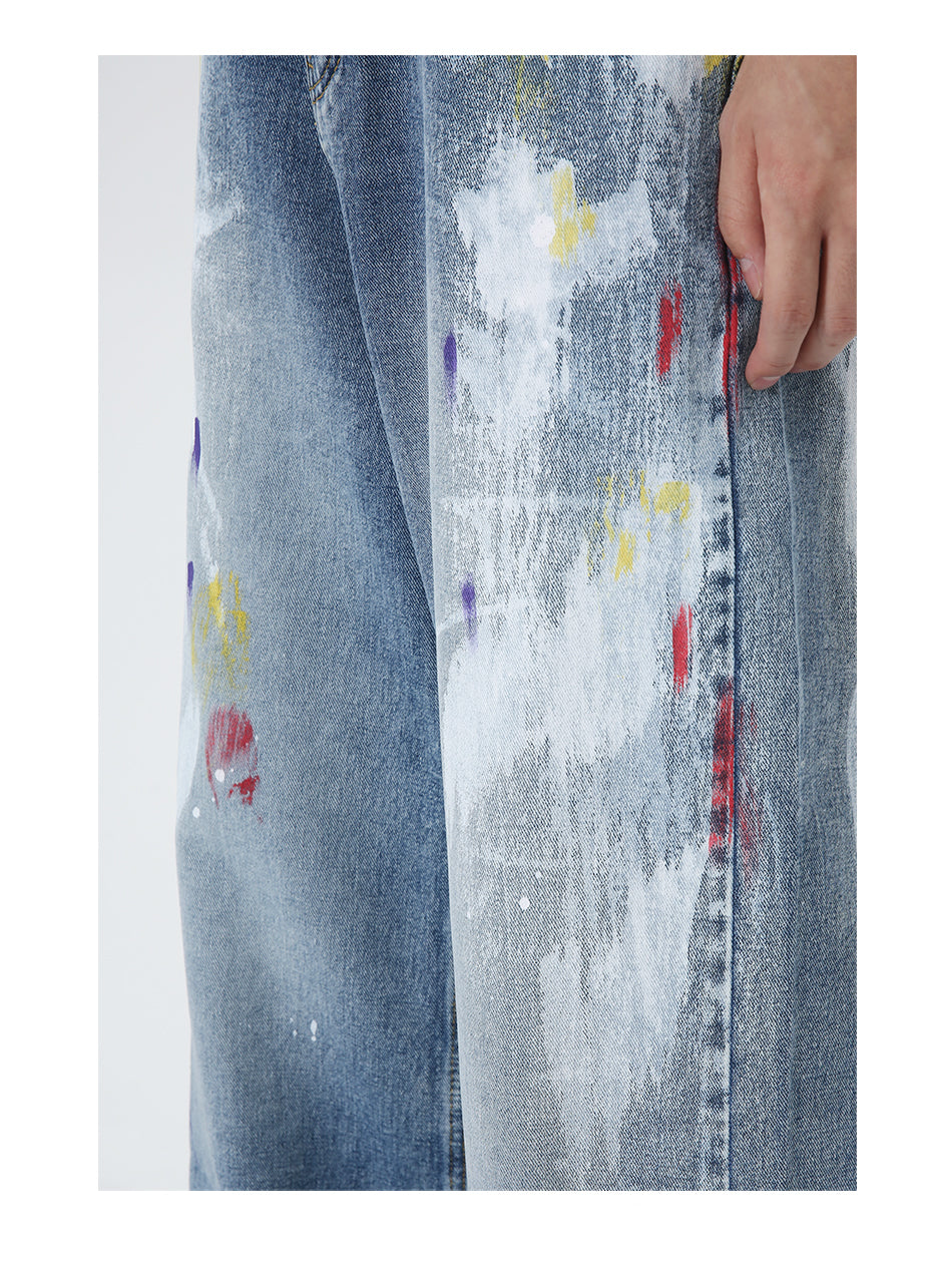 Graffiti Loose Straight Mid-Waist Blue Jeans [ID:0174PA]