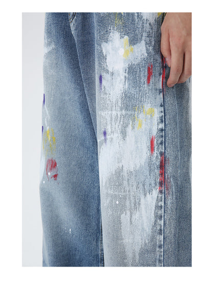 Graffiti Loose Straight Mid-Waist Blue Jeans [ID:0174PA]