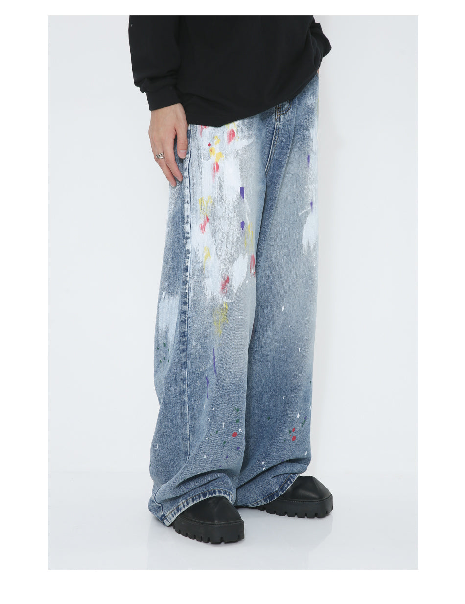 Graffiti Loose Straight Mid-Waist Blue Jeans [ID:0174PA]