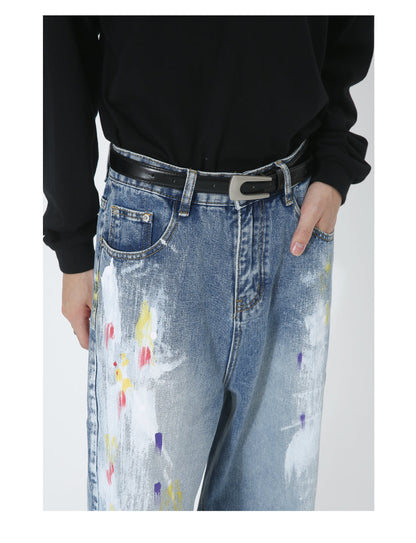 Graffiti Loose Straight Mid-Waist Blue Jeans [ID:0174PA]