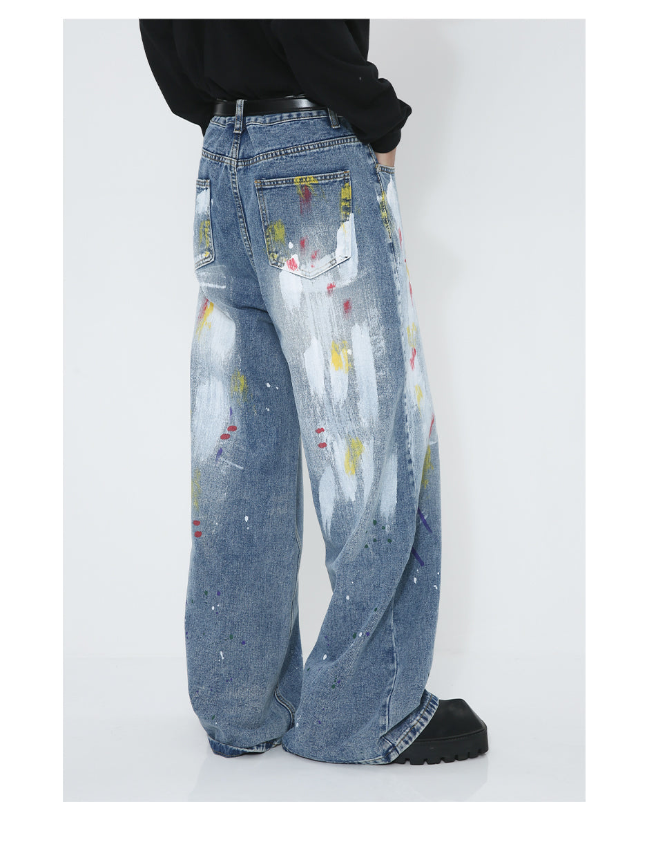 Graffiti Loose Straight Mid-Waist Blue Jeans [ID:0174PA]