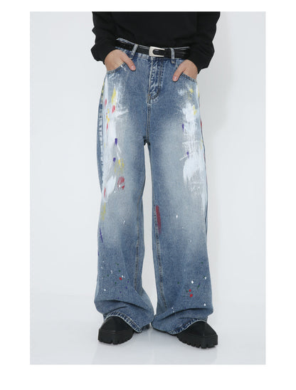 Graffiti Loose Straight Mid-Waist Blue Jeans [ID:0174PA]