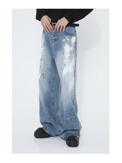 Graffiti Loose Straight Mid-Waist Blue Jeans [ID:0174PA]