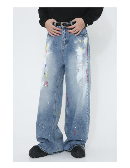 Graffiti Loose Straight Mid-Waist Blue Jeans [ID:0174PA]