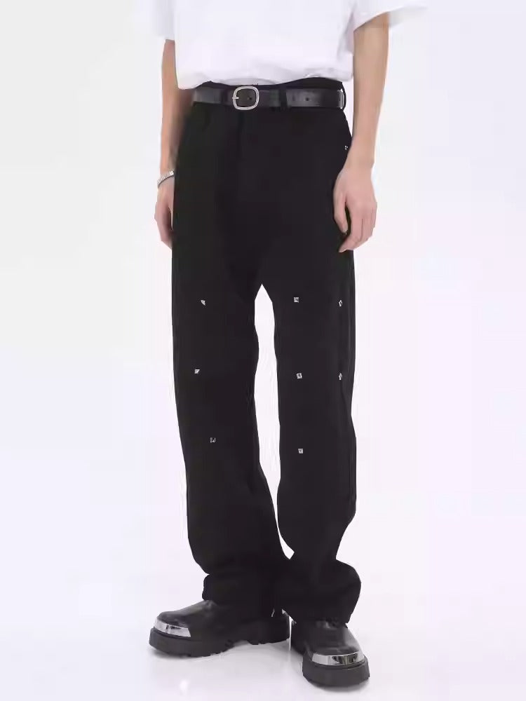 Pearl-Embellished Loose Straight Black Jeans [ID:0177PA]