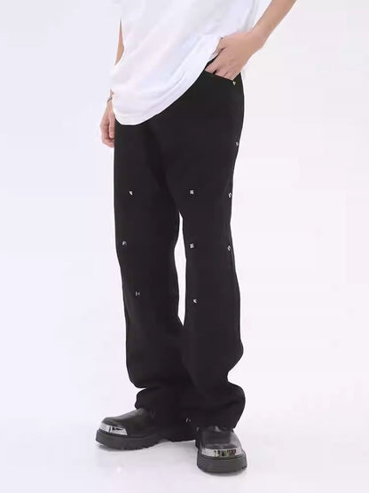 Pearl-Embellished Loose Straight Black Jeans [ID:0177PA]