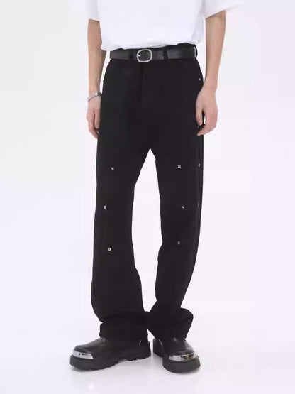 Pearl-Embellished Loose Straight Black Jeans [ID:0177PA]