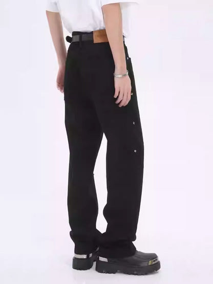 Pearl-Embellished Loose Straight Black Jeans [ID:0177PA]