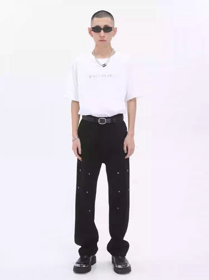 Pearl-Embellished Loose Straight Black Jeans [ID:0177PA]