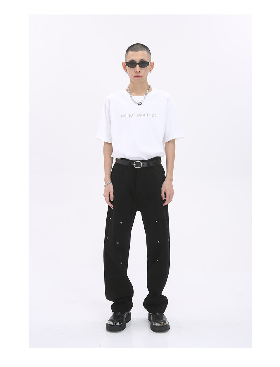 Pearl-Embellished Loose Straight Black Jeans [ID:0177PA]