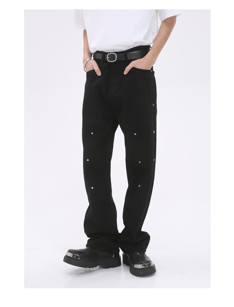 Pearl-Embellished Loose Straight Black Jeans [ID:0177PA]