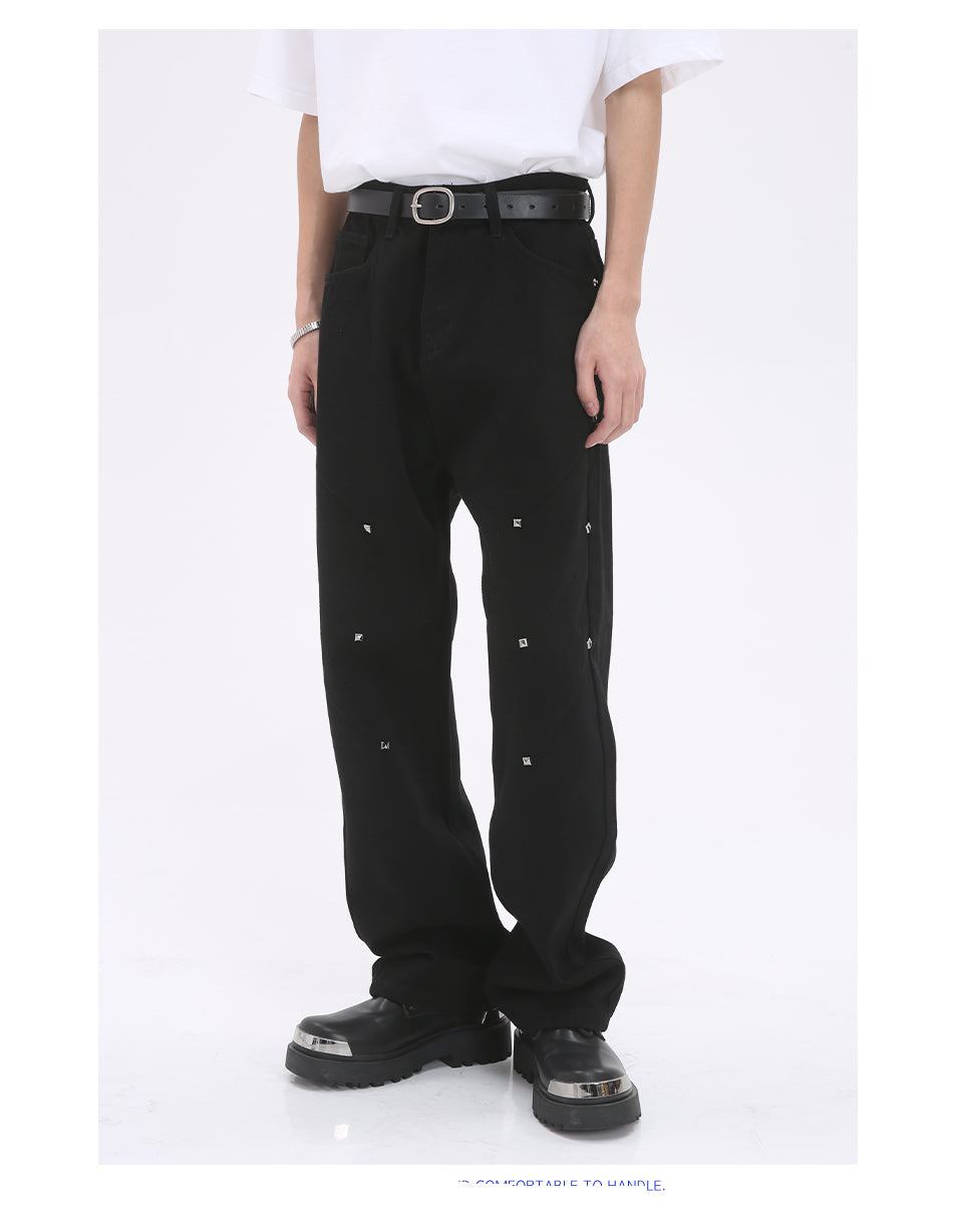 Pearl-Embellished Loose Straight Black Jeans [ID:0177PA]