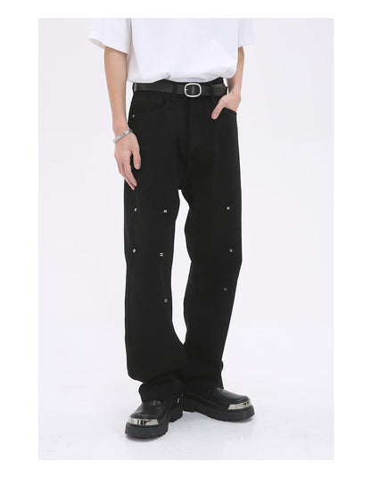 Pearl-Embellished Loose Straight Black Jeans [ID:0177PA]