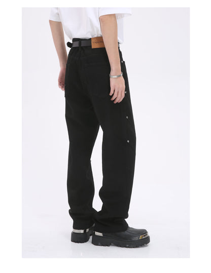 Pearl-Embellished Loose Straight Black Jeans [ID:0177PA]