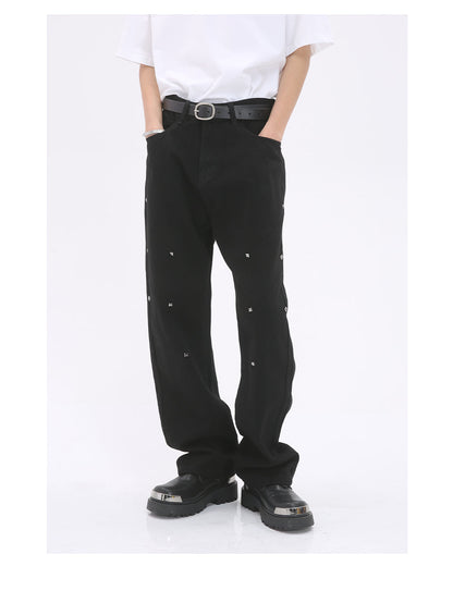 Pearl-Embellished Loose Straight Black Jeans [ID:0177PA]