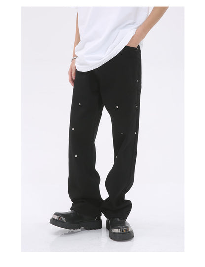 Pearl-Embellished Loose Straight Black Jeans [ID:0177PA]